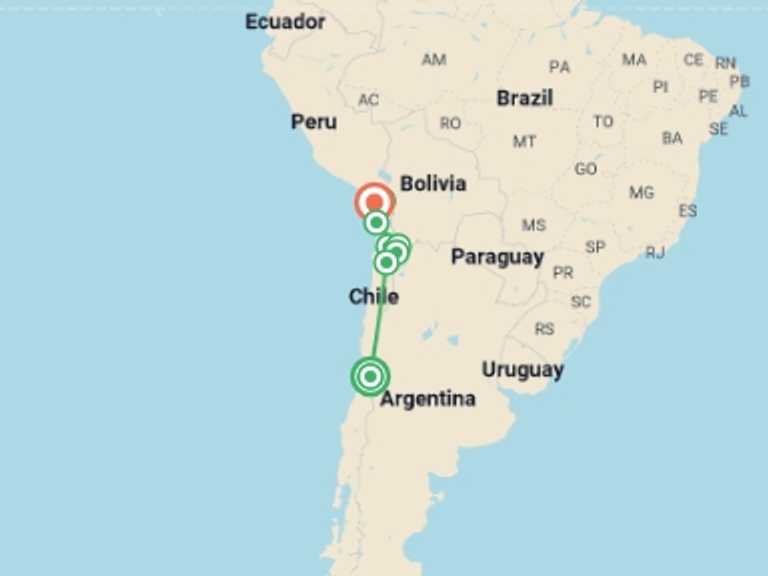 Map itinerary of South America Tour in February 2026 with 7 destination visits for the trip: Atacama & the North - 10 Days