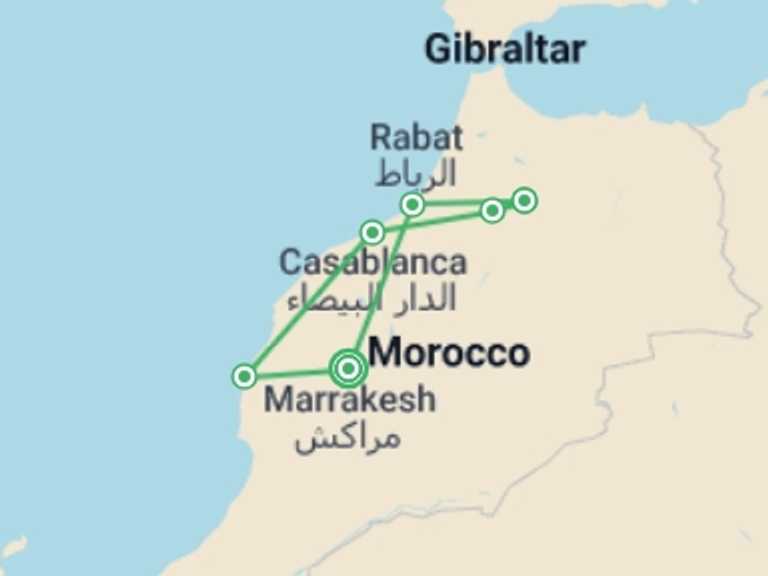 Map of 8-Day Marrakech Tour with 4 destination visits for the trip: Royal Cities of Morocco and Essaouira