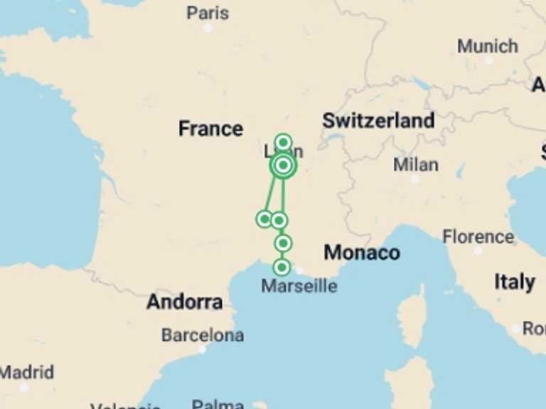 Map of Avignon Cruise Tour with 7 destination visits for the trip: The tip of Provence to Lyon on the Rhône and Saône Rivers