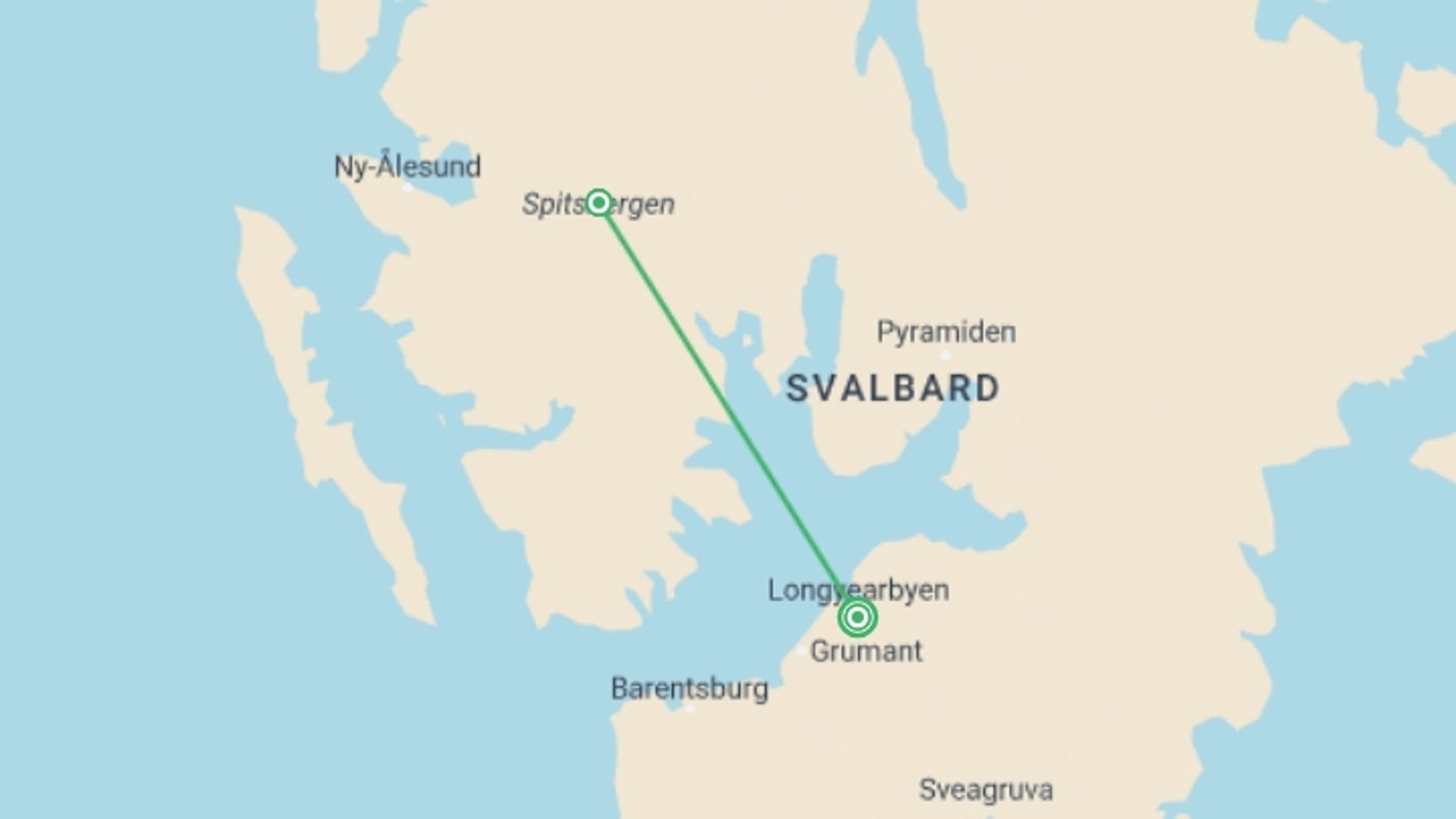 A map showing the tour itinerary for the trip: Realm of the Polar Bear - M/V Ocean Albatros, starting in Longyearbyen, Norway and ending in Longyearbyen, Norway going through 1 other destinations.