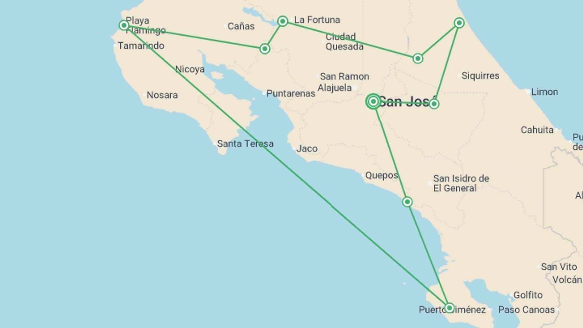 A map showing the tour itinerary for the trip: Upgraded - Costa Rica Wildlife, starting in San Jose, Costa Rica and ending in San Jose, Costa Rica going through 8 other destinations.
