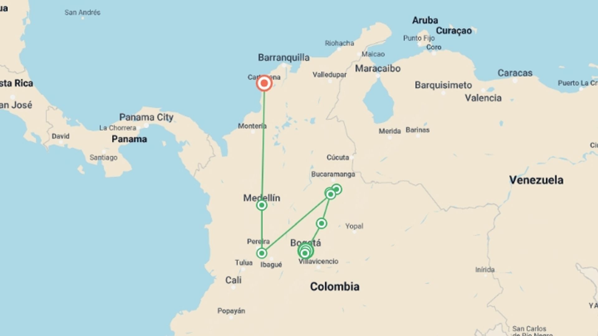 A map showing the tour itinerary for the trip: Contrasts of Colombia, starting in Bogota, Colombia and ending in Cartagena, Colombia going through 8 other destinations.