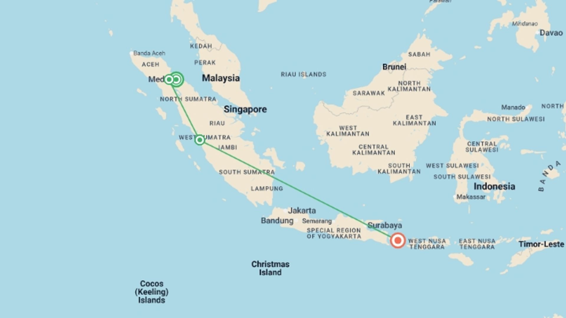 A map showing the tour itinerary for the trip: Sumatra Uncovered, starting in Medan, Indonesia and ending in Bali, Indonesia going through 2 other destinations.