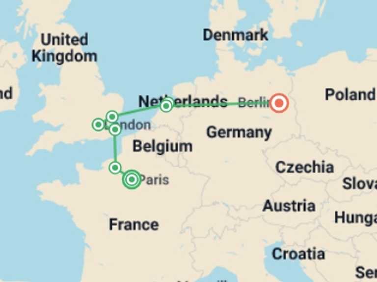 Map of 10-Day London Tour with 6 destination visits for the trip: Paris and European Capitals