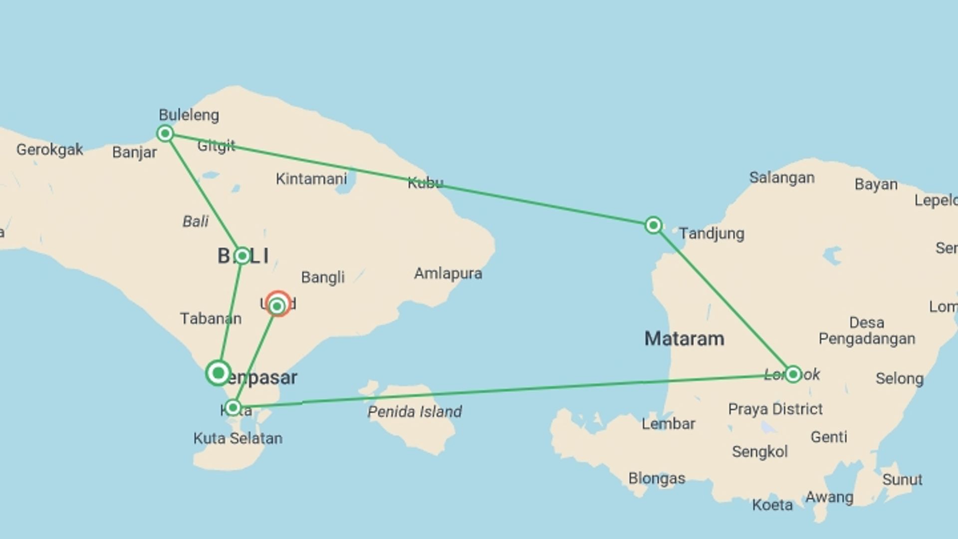 A map showing the tour itinerary for the trip: Epic Indonesia 15 Day, starting in Canggu, Indonesia and ending in Ubud, Indonesia going through 7 other destinations.