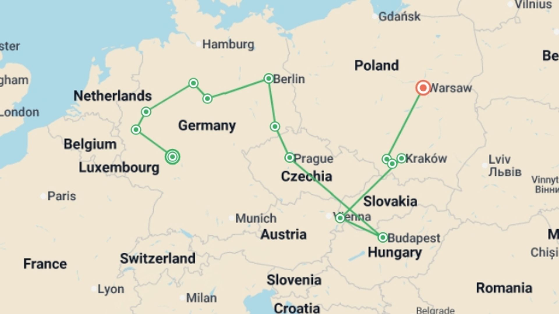 A map showing the tour itinerary for the trip: Germany and Eastern Europe, starting in Frankfurt, Germany and ending in Warsaw, Poland going through 7 other destinations.