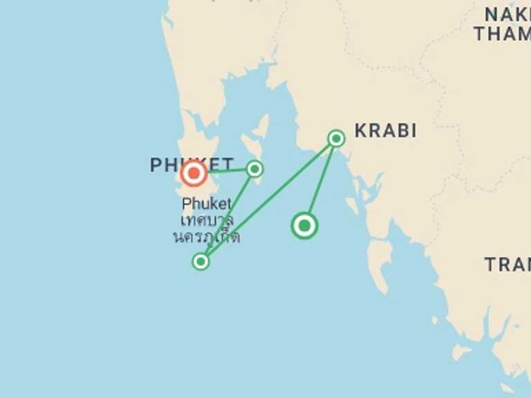 Map of Thailand Tour with 5 destination visits for the trip: Sailing Thailand - Ko Phi Phi to Phuket