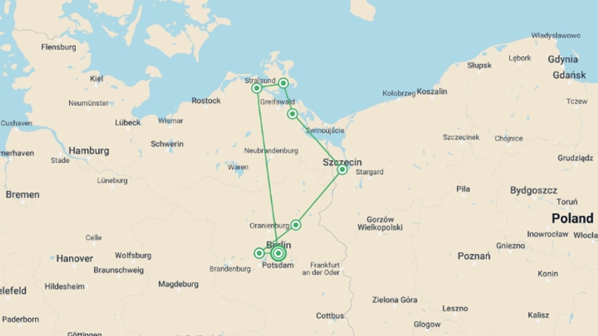 A map showing the tour itinerary for the trip: From Berlin to Stralsund (port-to-port cruise), starting in Berlin, Germany and ending in Berlin, Germany going through 6 other destinations.