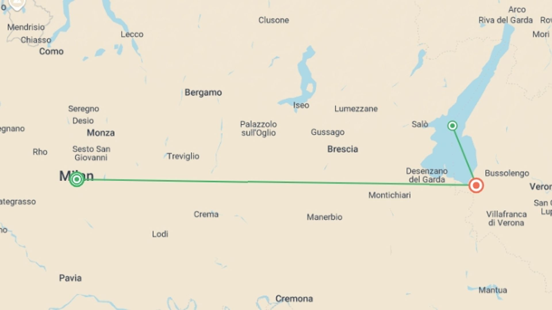 A map showing the tour itinerary for the trip: Enchanting Northern Italy: Milan to Verona, starting in Milan, Italy and ending in Verona, Italy going through 2 other destinations.