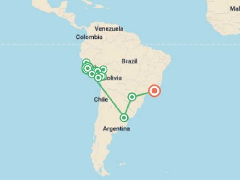 Map of South America Tour with 15 destination visits for the trip: Ultimate Peru, Argentina & Brazil