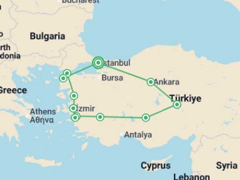 Map of 12-Day Istanbul Tour with 8 destination visits for the trip: Turkey Discovery & Anzac Day