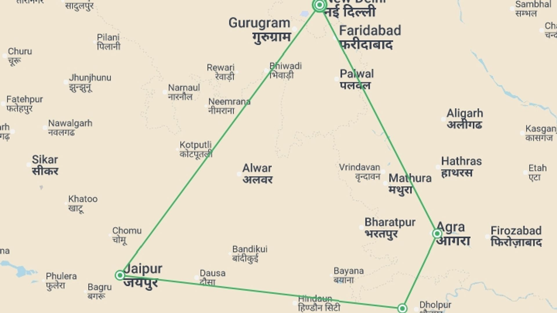 A map showing the tour itinerary for the trip: Wonders of India - 6 days, starting in New Delhi, India and ending in New Delhi, India going through 4 other destinations.