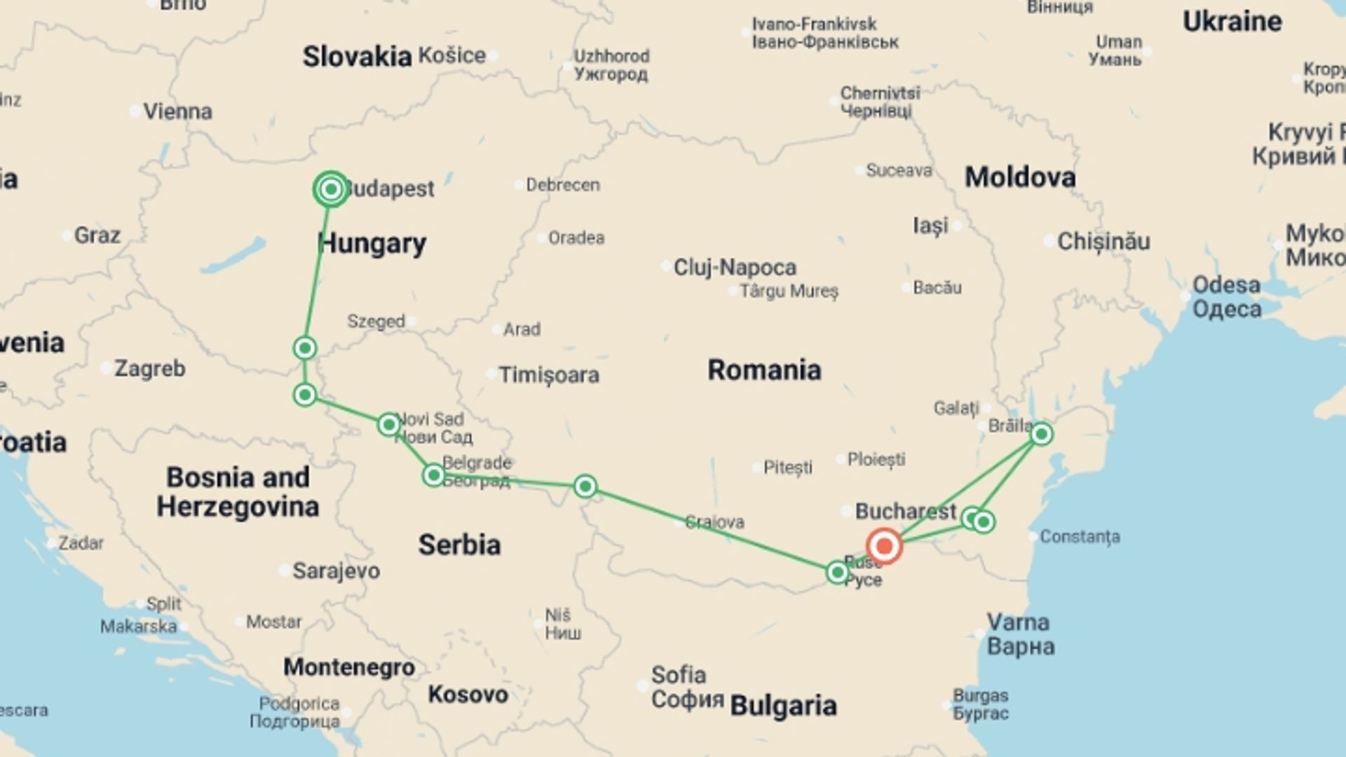 A map showing the tour itinerary for the trip: Along the river Danube, Budapestand  the Balkan peninsula (port-to-port cruise), starting in Budapest, Hungary and ending in Oltnenita, Romania going through 7 other destinations.