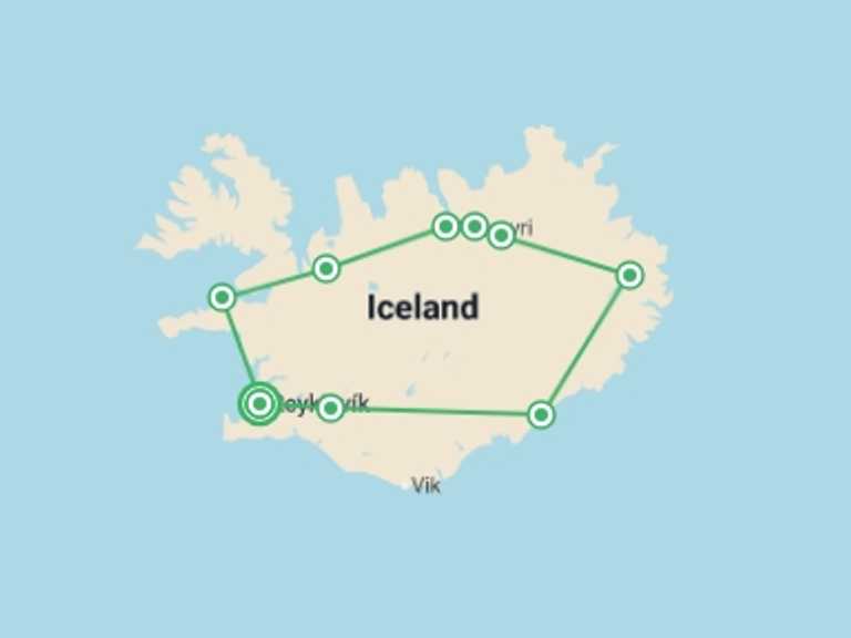 Map itinerary of Europe Tour in September 2026 with 8 destination visits for the trip: Iceland Explorer