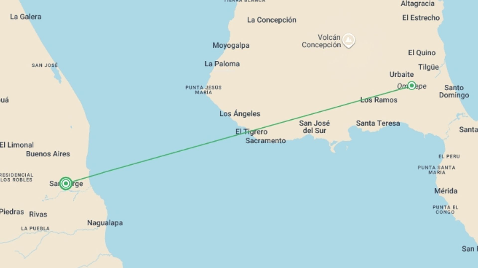A map showing the tour itinerary for the trip: Ometepe Homestay 2D/1N, starting in San Jorge, Nicaragua and ending in San Jorge, Nicaragua going through 1 other destinations.