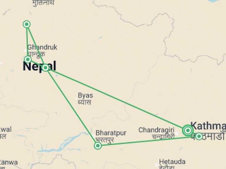 Map itinerary of South Asia Tour in May 2027 with 6 destination visits for the trip: Nepal: Annapurna Hiking & Chitwan National Park