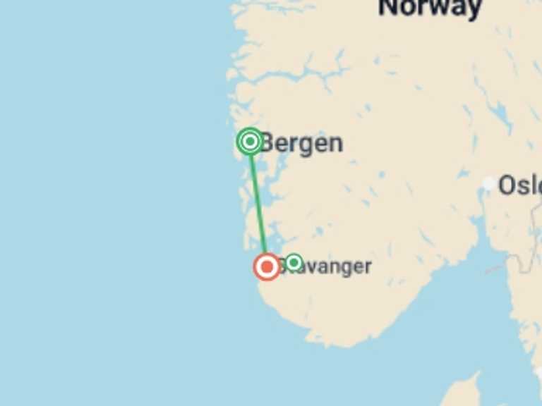 Map of Europe Tour with 2 destination visits for the trip: Bergen to Stavanger Express - 5 days