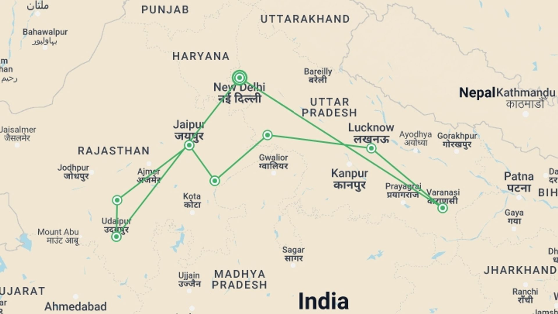 A map showing the tour itinerary for the trip: Journeys: Discover India, starting in New Delhi, India and ending in New Delhi, India going through 7 other destinations.