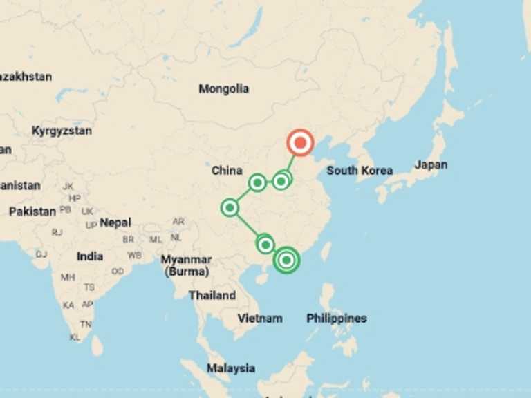 Map itinerary of Asia Tour in July 2026 with 7 destination visits for the trip: Hong Kong to Beijing Group Adventure 18D/17N