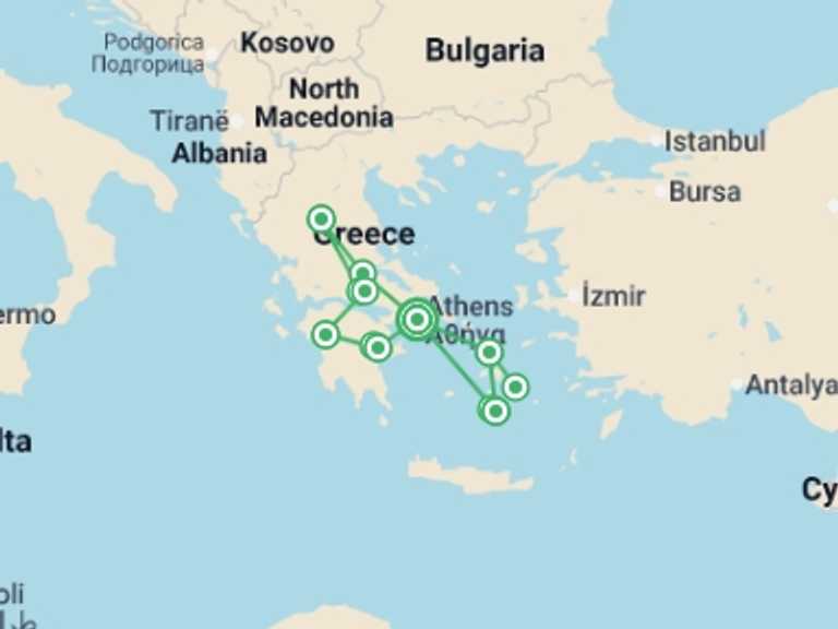 Map itinerary of Greece Tour in June 2027 with 9 destination visits for the trip: Exploring Greece and Its Islands featuring Classical Greece, Mykonos & Santorini