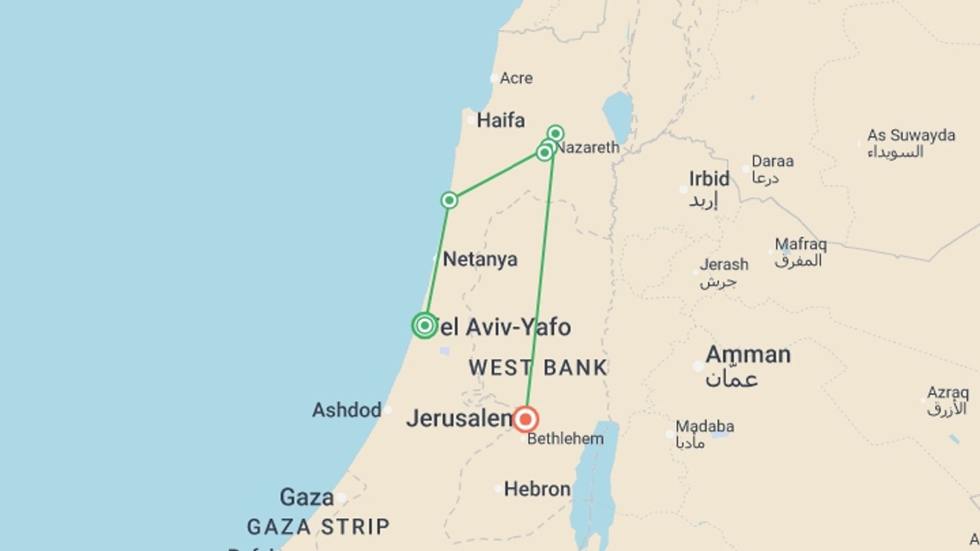 A map showing the tour itinerary for the trip: Discover Israel, starting in Tel Aviv, Israel and ending in Jerusalem, Israel going through 1 other destinations.