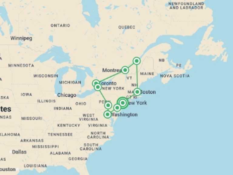Map of North America Tour with 8 destination visits for the trip: Eastern Seaboard From New York - 11 days