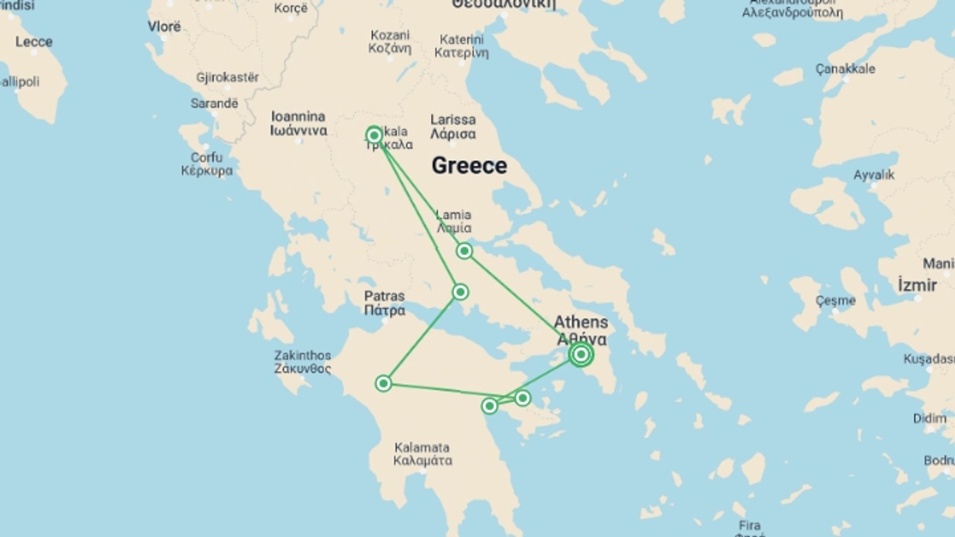 A map showing the tour itinerary for the trip: Taste of Greece, starting in Athens, Greece and ending in Athens, Greece going through 4 other destinations.