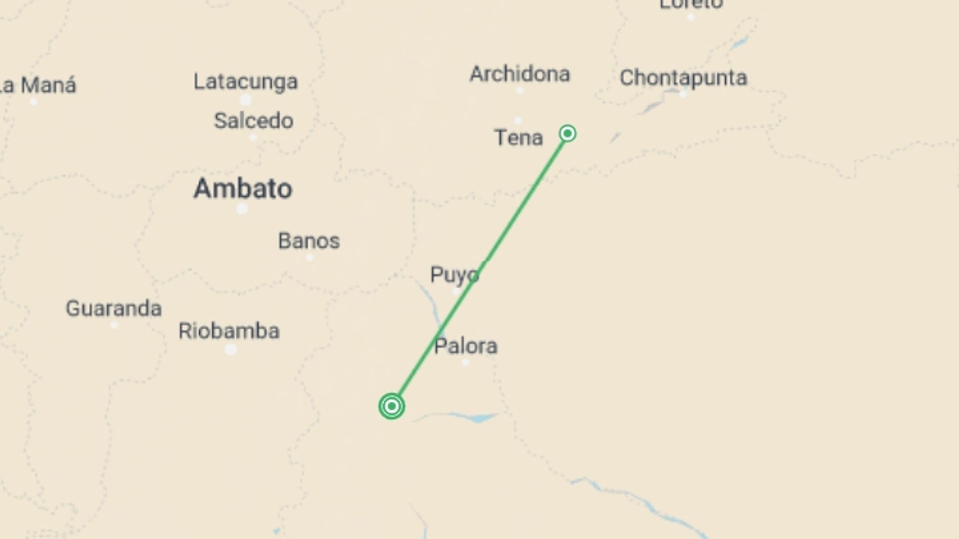 A map showing the tour itinerary for the trip: 4 Days Archidona Amazon Lodge Kiwcha Community, starting in Amazon Ecuador, Ecuador and ending in Amazon Ecuador, Ecuador going through 1 other destinations.