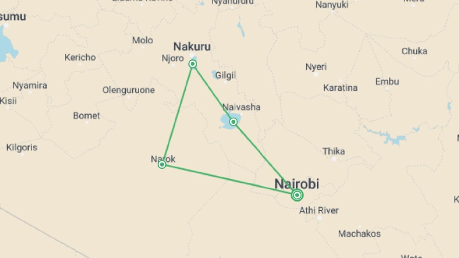 A map showing the tour itinerary for the trip: Premium Kenya, starting in Nairobi, Kenya and ending in Nairobi, Kenya going through 2 other destinations.