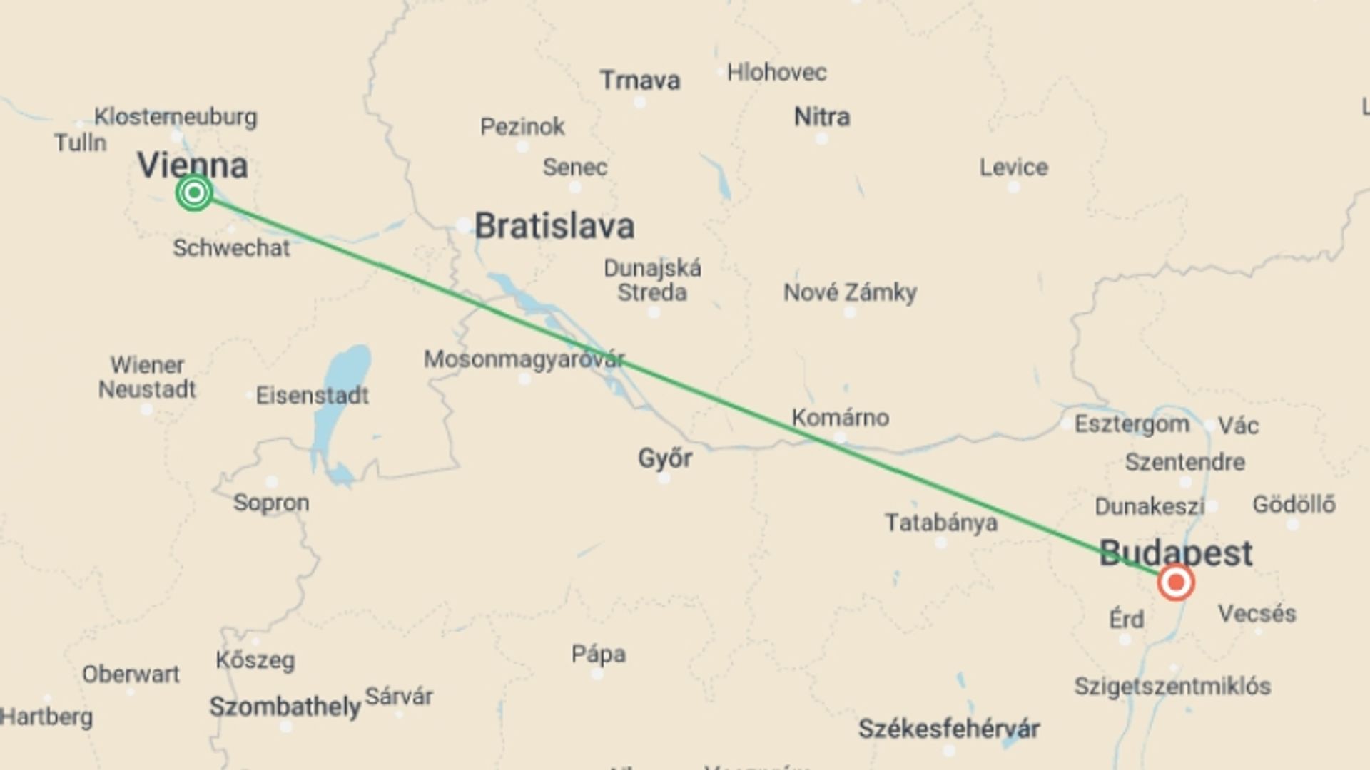 A map showing the tour itinerary for the trip: Vienna and Budapest, starting in Vienna, Austria and ending in Budapest, Hungary going through 0 other destinations.