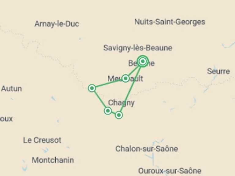 Map itinerary of France Tour in November 2026 with 5 destination visits for the trip: Burgundy Vineyard Trails