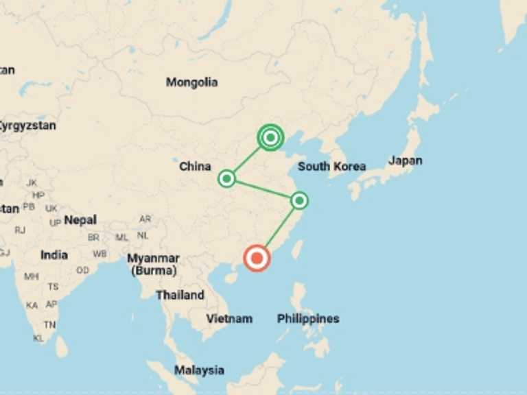 Map of Asia Tour with 4 destination visits for the trip: Classic China and Hong Kong