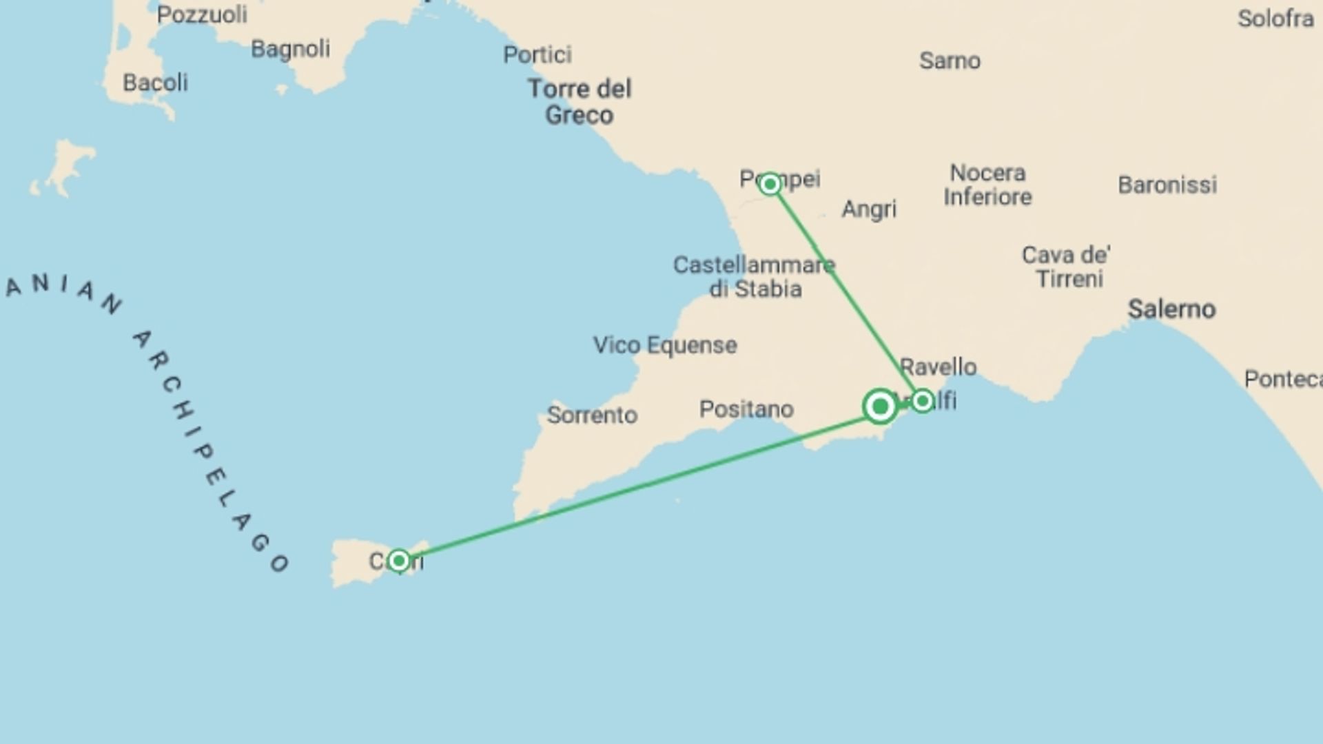 A map showing the tour itinerary for the trip: Discovering Amalfi Coast, starting in Amalfi Coast & Campania, Italy and ending in Amalfi Coast & Campania, Italy going through 1 other destinations.