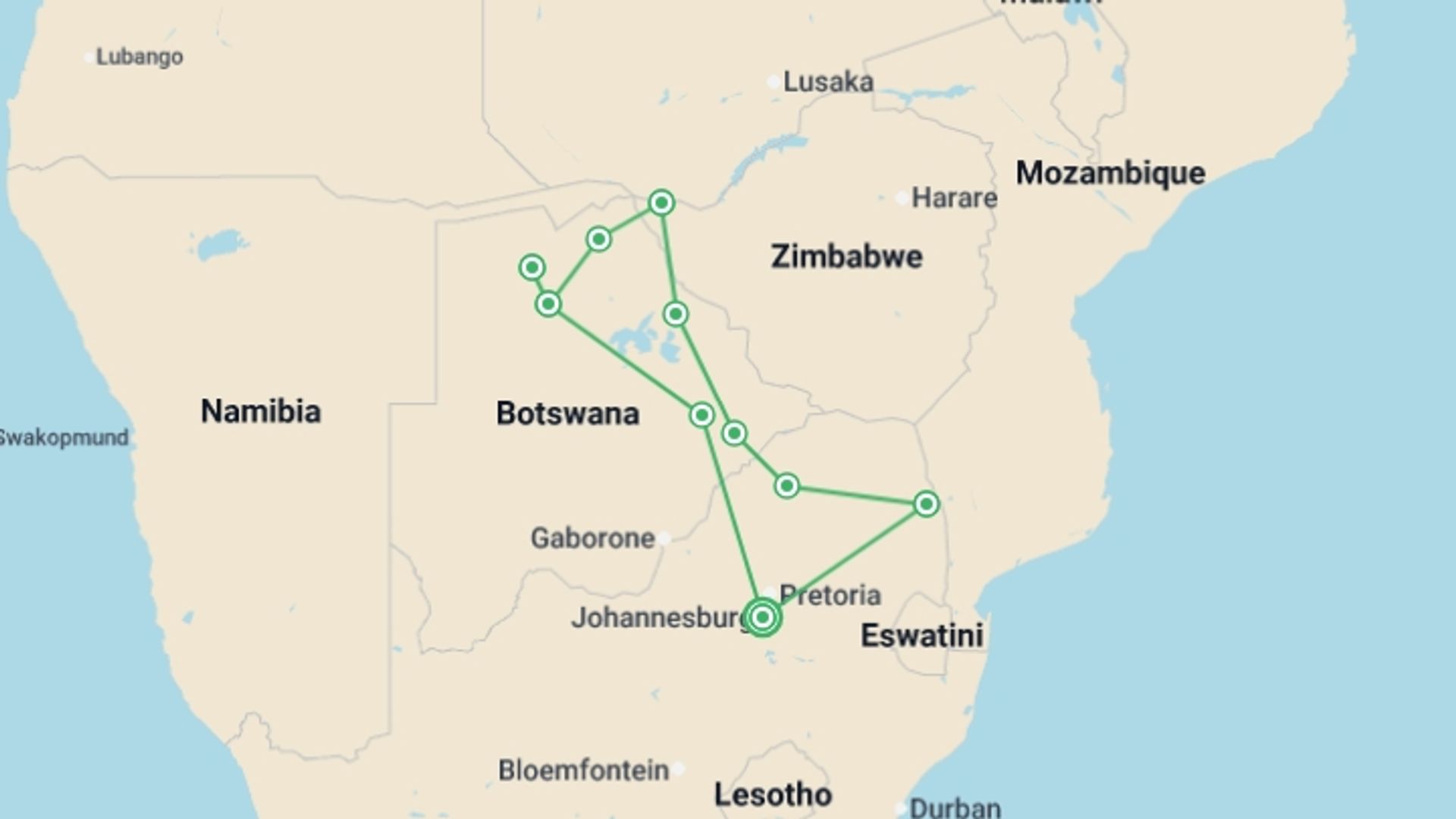 A map showing the tour itinerary for the trip: Experience Southern Africa, starting in Johannesburg, South Africa and ending in Johannesburg, South Africa going through 10 other destinations.