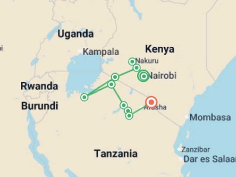 Map of Nairobi Wildlife safaris and game drives Tour with 11 destination visits for the trip: Kenya & Tanzania Safari Adventure