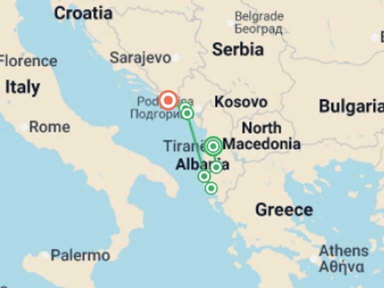 Map itinerary of Tirana Tour in October 2026 with 5 destination visits for the trip: Balkans Coast Explorer 
