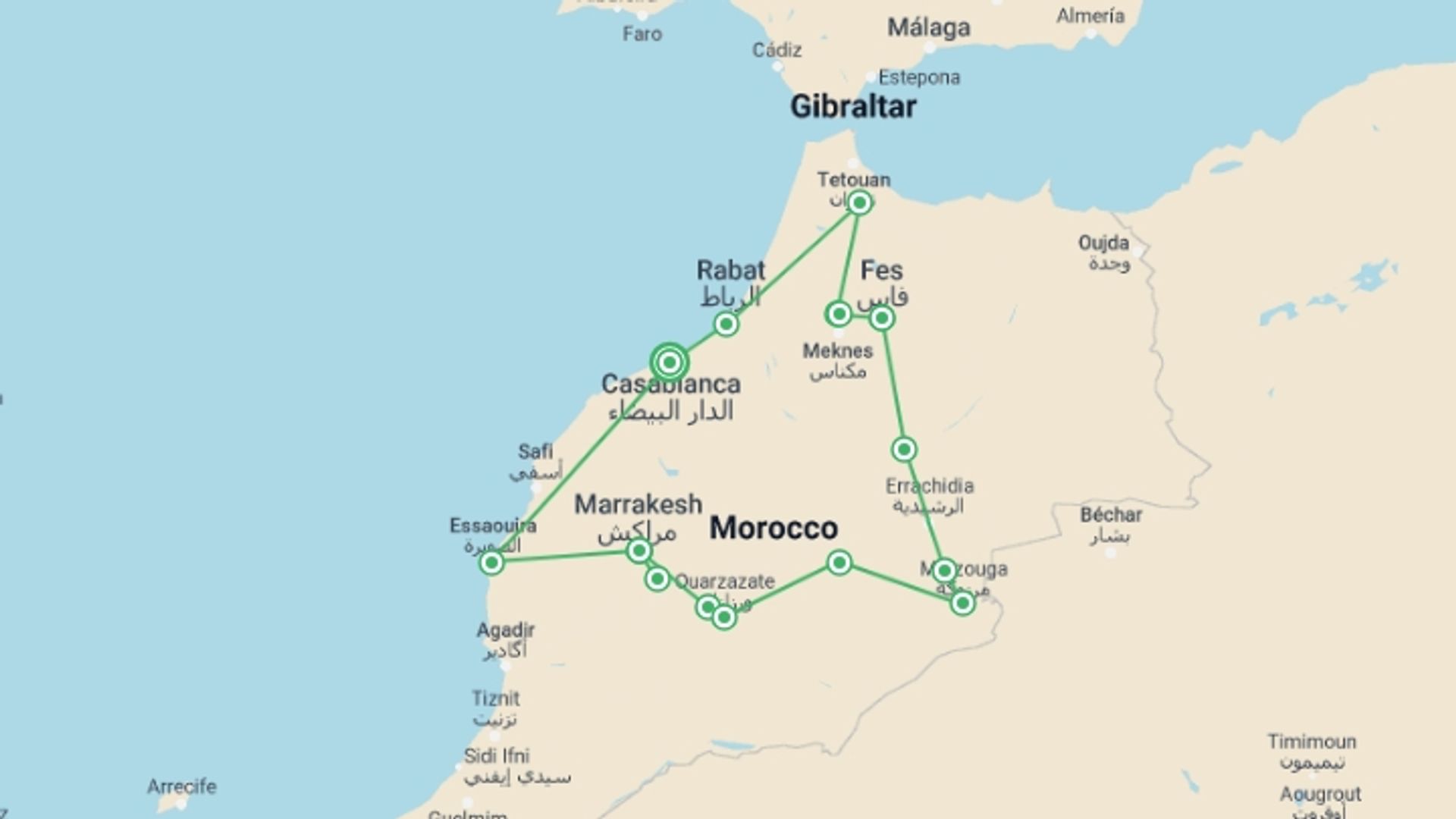 A map showing the tour itinerary for the trip: All Aspects of Morocco  Tour, starting in Casablanca, Morocco and ending in Casablanca, Morocco going through 7 other destinations.