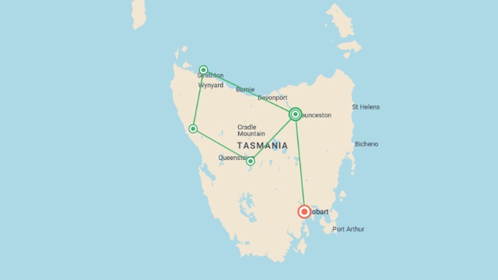 A map showing the tour itinerary for the trip: Best of Tasmania's Tarkine & Cradle Mountain, starting in Launceston, Australia and ending in Hobart, Australia going through 3 other destinations.