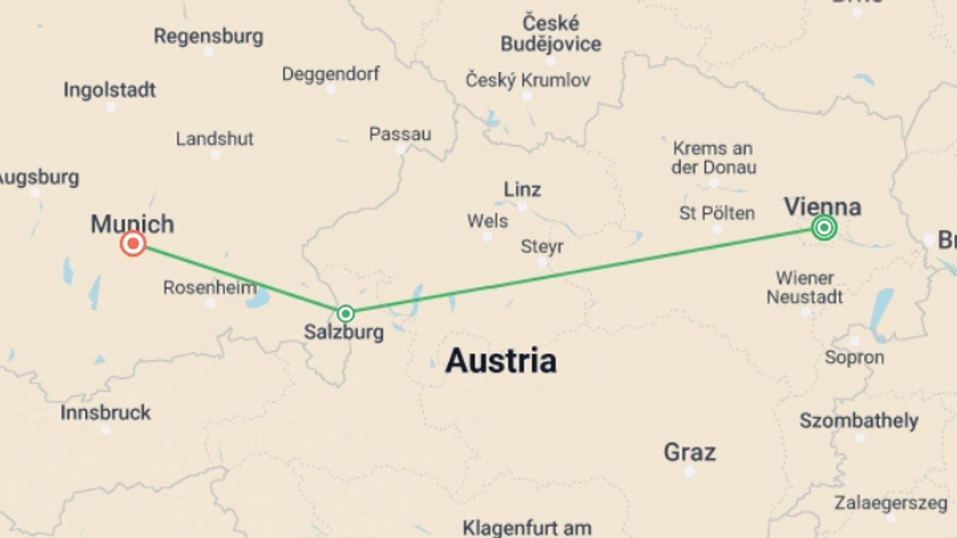 A map showing the tour itinerary for the trip: Impressive Christmas Markets: Vienna to Munich, starting in Vienna, Austria and ending in Munich, Germany going through 1 other destinations.