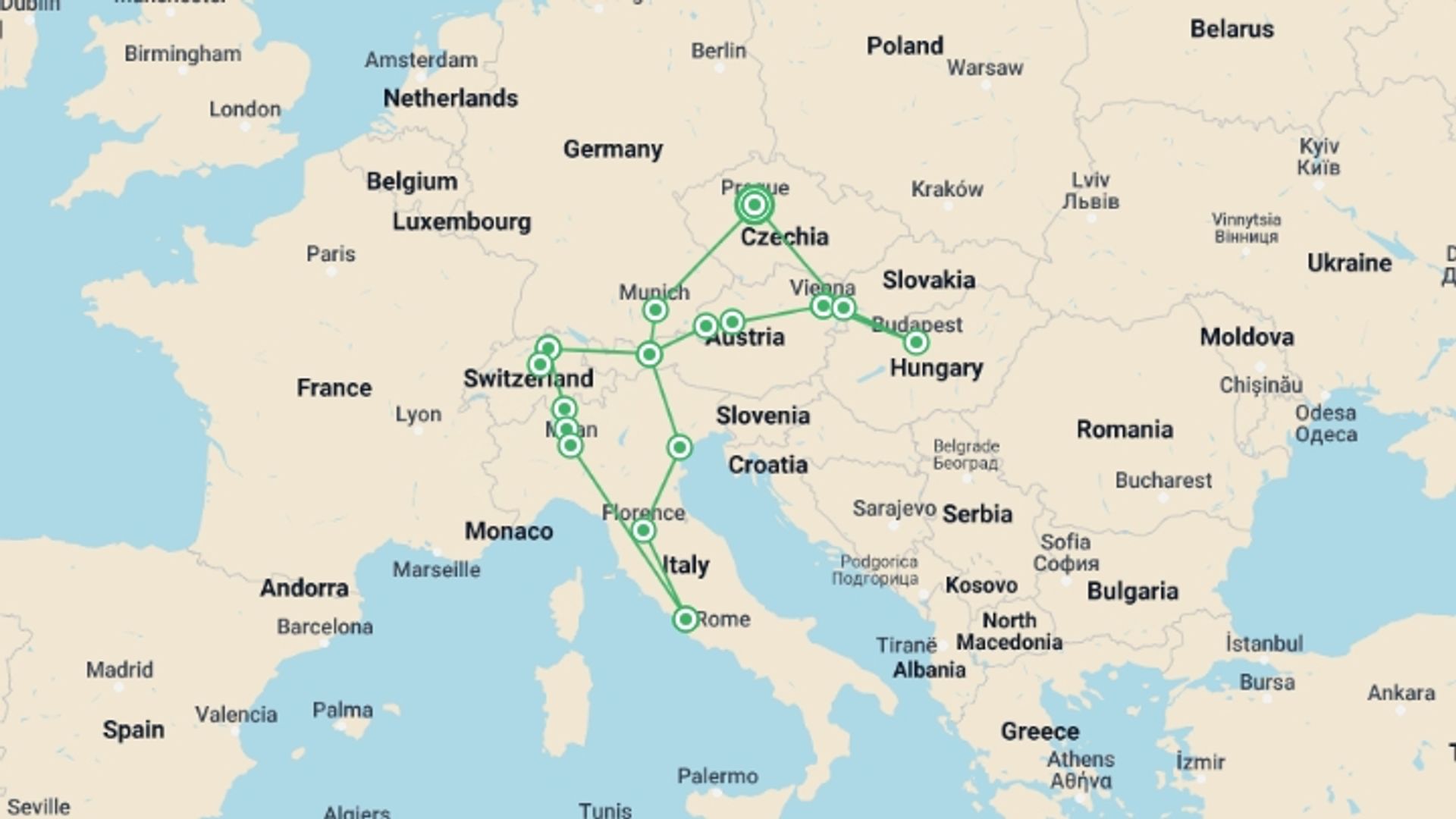 A map showing the tour itinerary for the trip: Beautiful Europe ROT, starting in Prague, Czech Republic and ending in Prague, Czech Republic going through 7 other destinations.