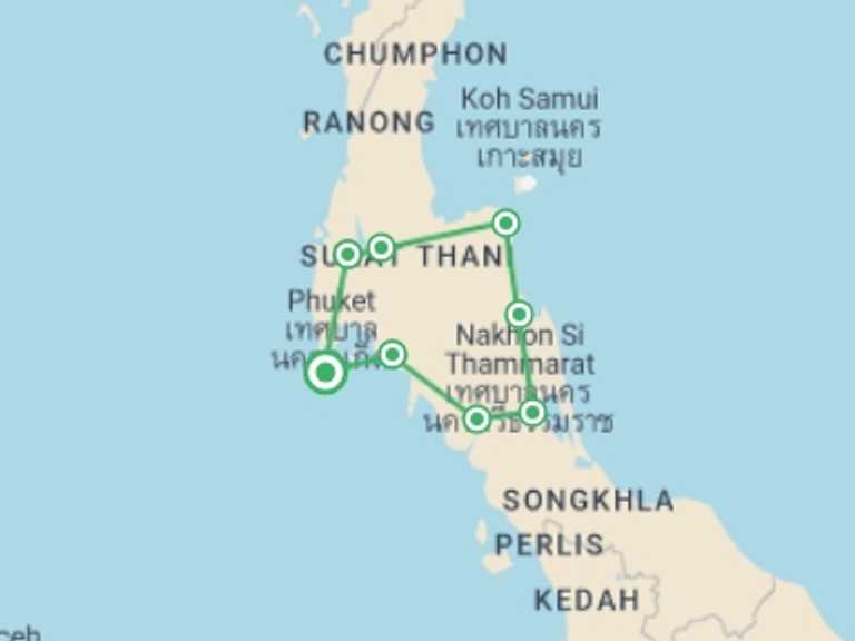 Map of Thailand Tour with 7 destination visits for the trip: See 2 Oceans, Small Group Tour