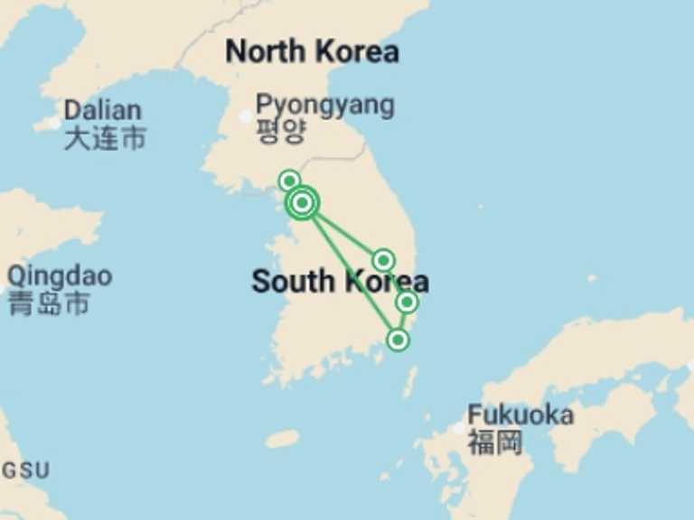 Map itinerary of Asia Tour in April 2027 with 4 destination visits for the trip: Best of South Korea