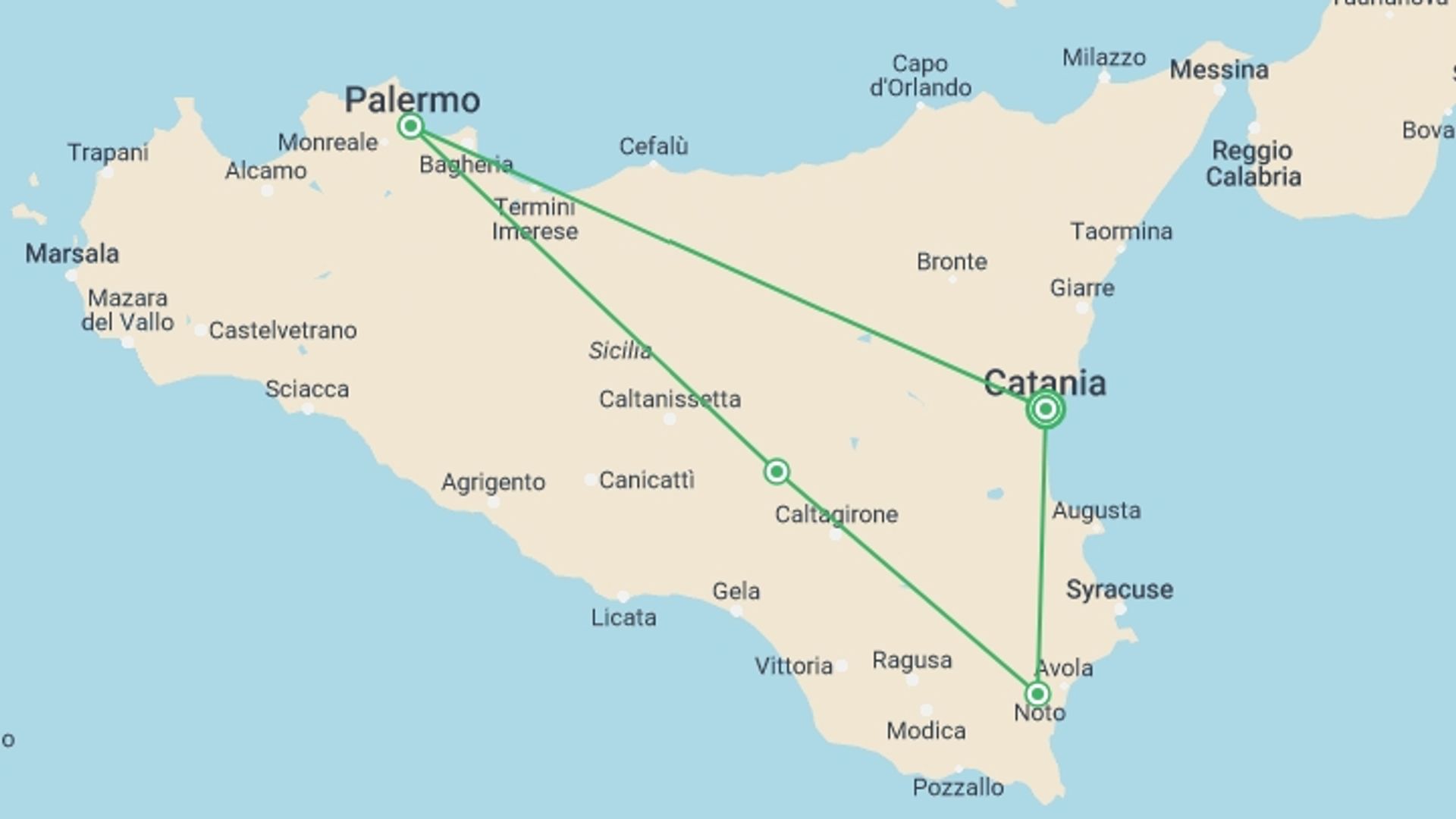 A map showing the tour itinerary for the trip: Splendor of Sicily 8 Days Tour - from Catania, starting in Catania, Italy and ending in Catania, Italy going through 5 other destinations.