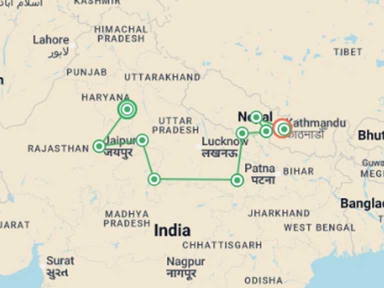 Map of Asia Tour with 10 destination visits for the trip: Delhi to Kathmandu (3 Star) - 16 days