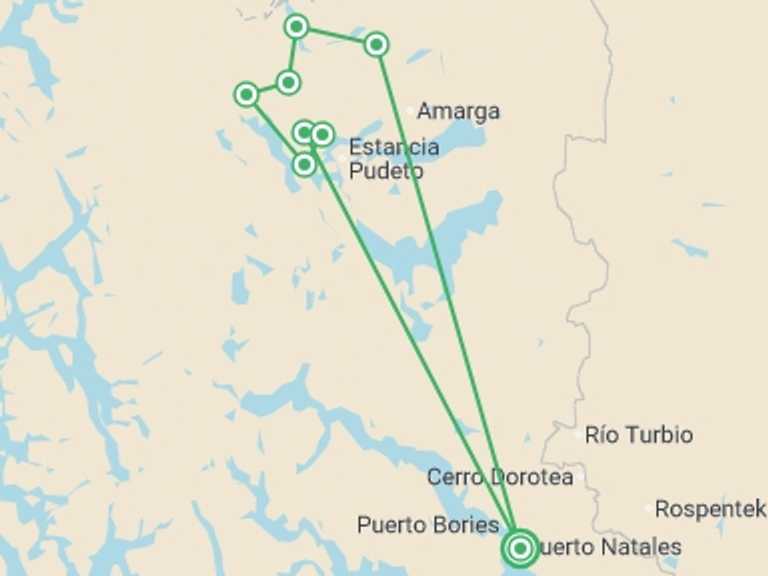 Map of Patagonia Trekking and Hiking Tour with 9 destination visits for the trip: Torres del Paine O Trek 8D/7N (Self-Guided)