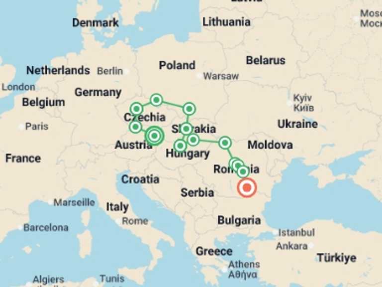 Map itinerary of Europe Tour in June 2027 with 13 destination visits for the trip: Journey through Central Europe & Romania