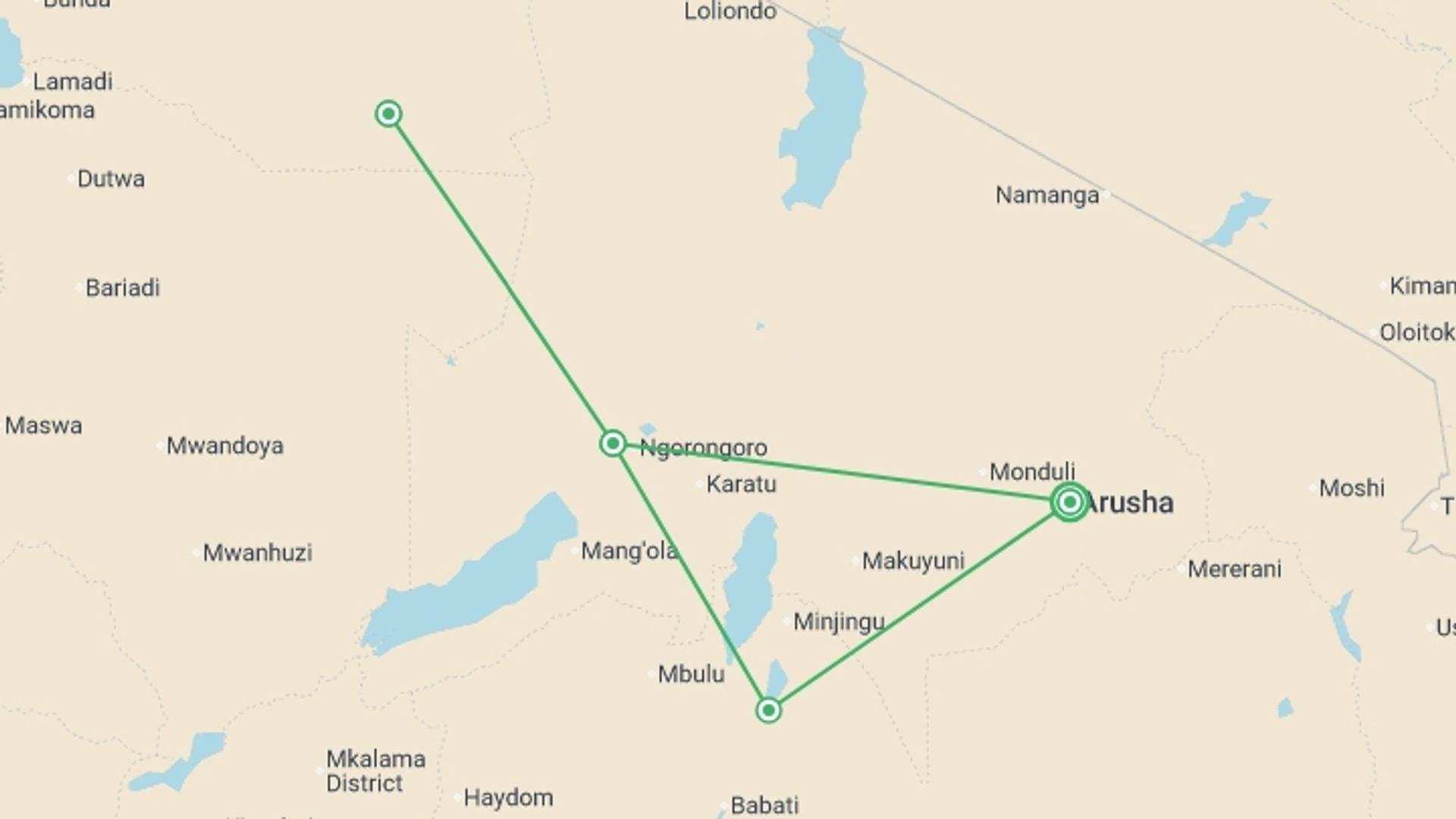 A map showing the tour itinerary for the trip: Premium Tanzania, starting in Arusha, Tanzania and ending in Arusha, Tanzania going through 3 other destinations.