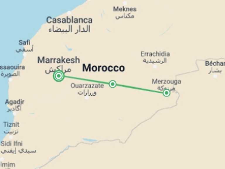 Map itinerary of Marrakech Tour in August 2027 with 4 destination visits for the trip: Sahara Desert Tour to Merzouga: 3 Days 