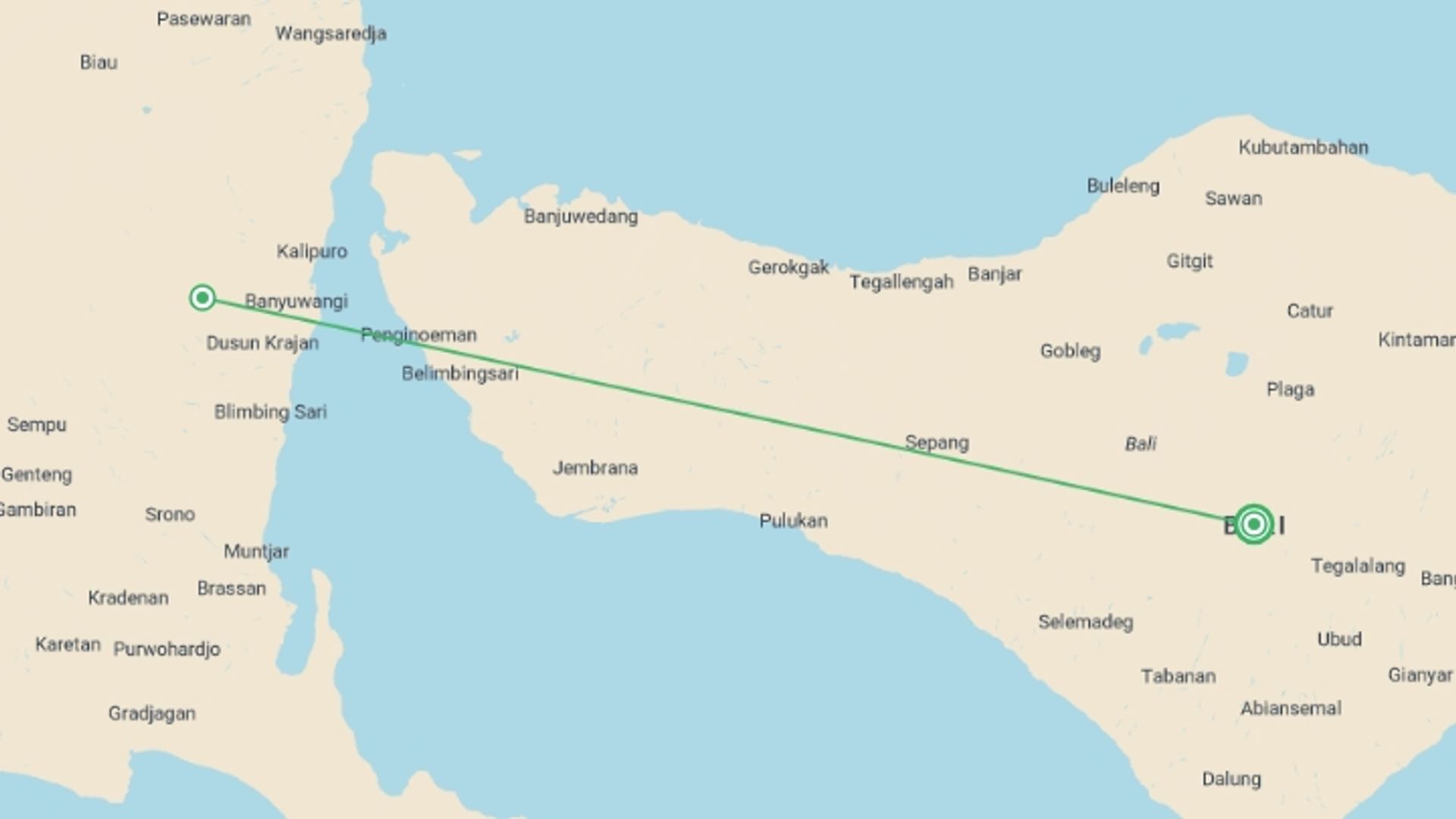 A map showing the tour itinerary for the trip: Ijen Blue Fire & Sunrise Hiking Trip, starting in Bali, Indonesia and ending in Bali, Indonesia going through 1 other destinations.