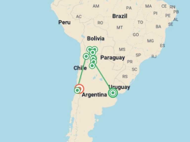Map of South America Sightseeing Tour with 11 destination visits for the trip: Best of Argentina, Bolivia and Chile